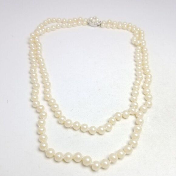 Vintage Faux Pearl Layered Necklace, Two Strand Rhinestone Clasp, Classic Design - Picture 1 of 5